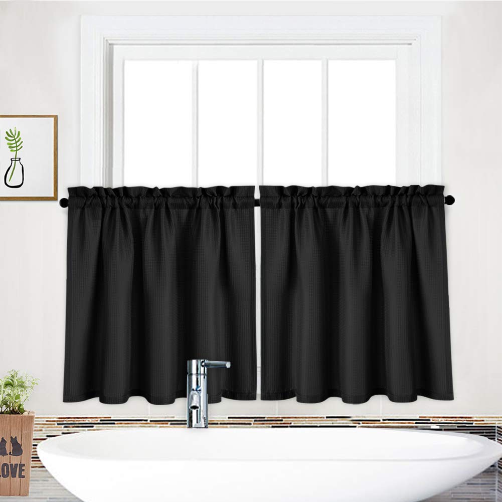 NANAN Waffle Woven Textured Short Curtains for Bathroom Waterproof Window Covering for Kitchen - 30" x 30", Black, Set of 2