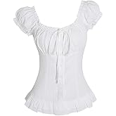 SOLY HUX Women's Frill Trim Button Down Shirts Tie Front Puff Sleeve Ruffle Blouse Tops