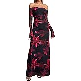 Women Fall Long Sleeve Floral Bodycon Maxi Dress Sexy Off Shoulder Ruched Wedding Guest Formal Party Long Dresses
