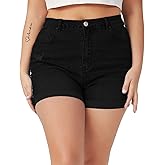 Tulucky Women Plus Size Jean Shorts High Waist Cute Distressed Ripped Folded Hem Denim Shorts
