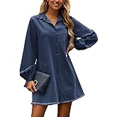Zilcremo Women's Button Down Babydoll Denim Dress Long Sleeve Jean Shirt Dress with Pockets