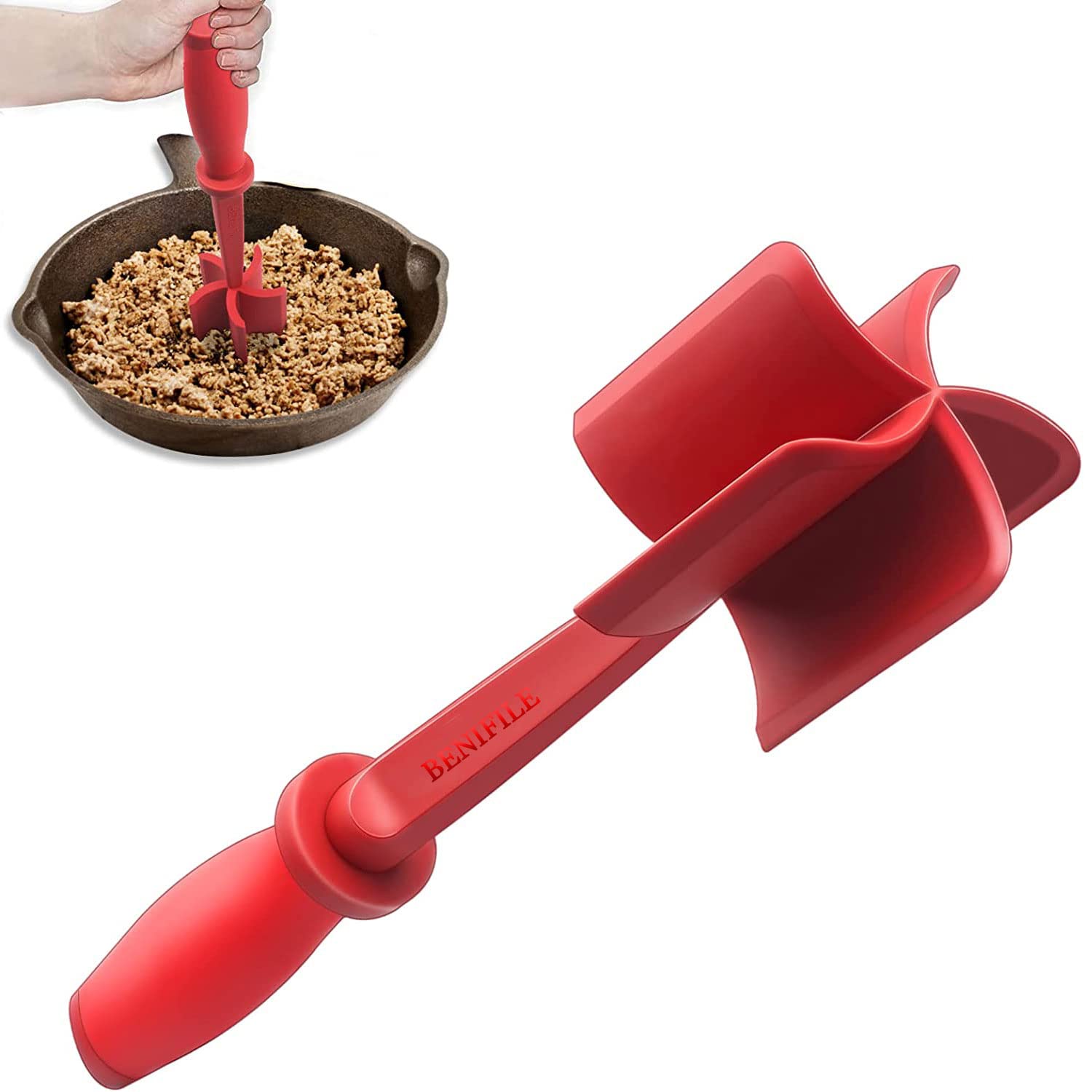 Meat Chopper, Ground Beef Chopper with 5-Blade Head, Versatile High-Temp Heat-Resistant Hamburger Mince Masher & Breaker, Non-Stick Minced Meat Separator Nylon Utensil Tool Cookware (Red)