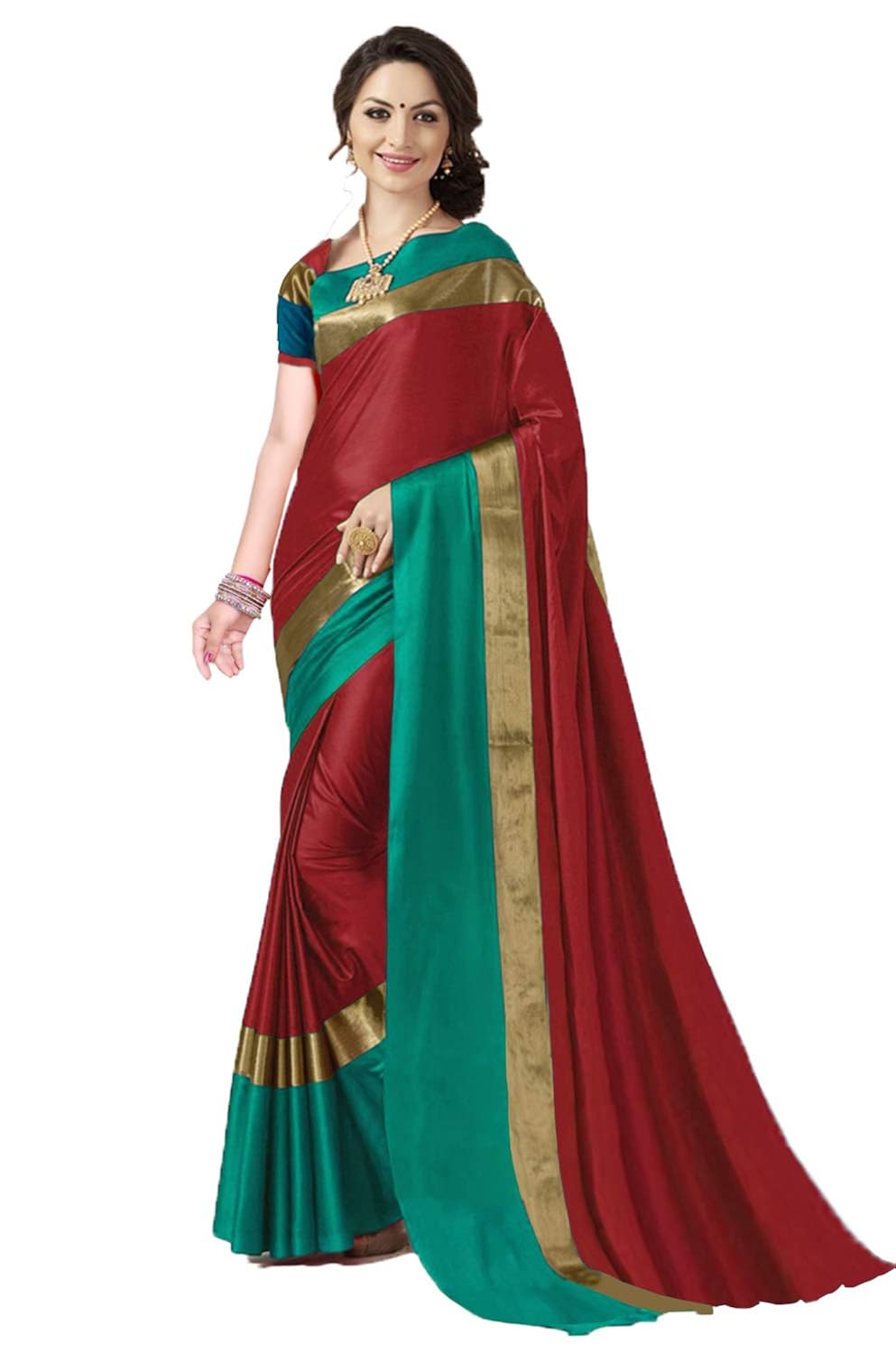 anni designer indian women's cotton silk festive saree with blouse piece(pradip_td_candy apple_fba_red & green_free size)