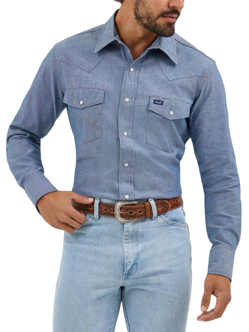 Photo 1 of (large) WranglermensCowboy Cut Western Long Sleeve Snap Work Shirt Firm Finish Chambray Blue L