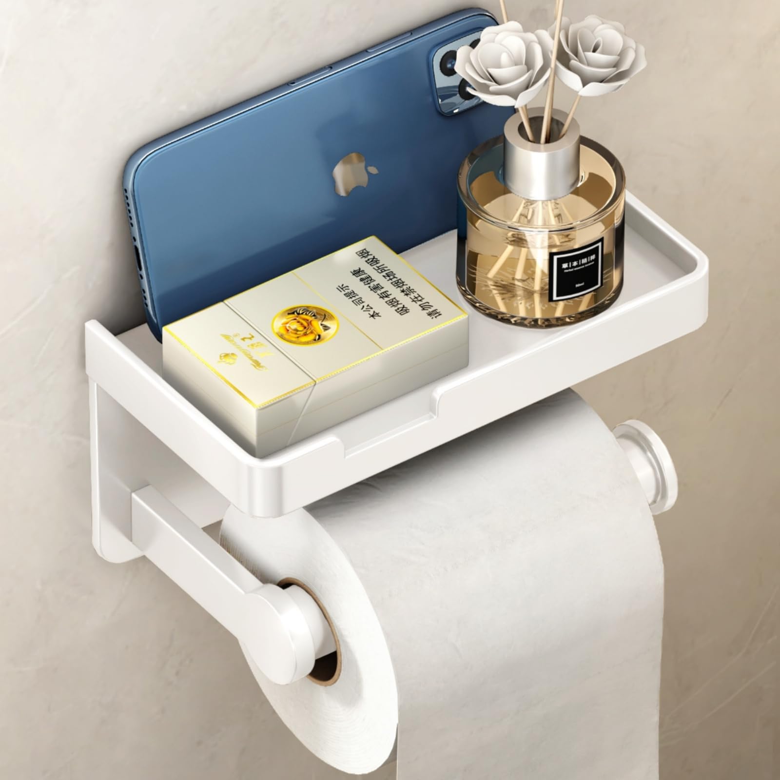 Photo 1 of VOLDRA Toilet Paper Holder with Phone Shelf, Self-Adhesive or Screw Toilet Tissue Roll Holder Wall Mount, Rustproof & Multifunctional Bathroom Toilet Paper Holder Storage Dispenser(White)