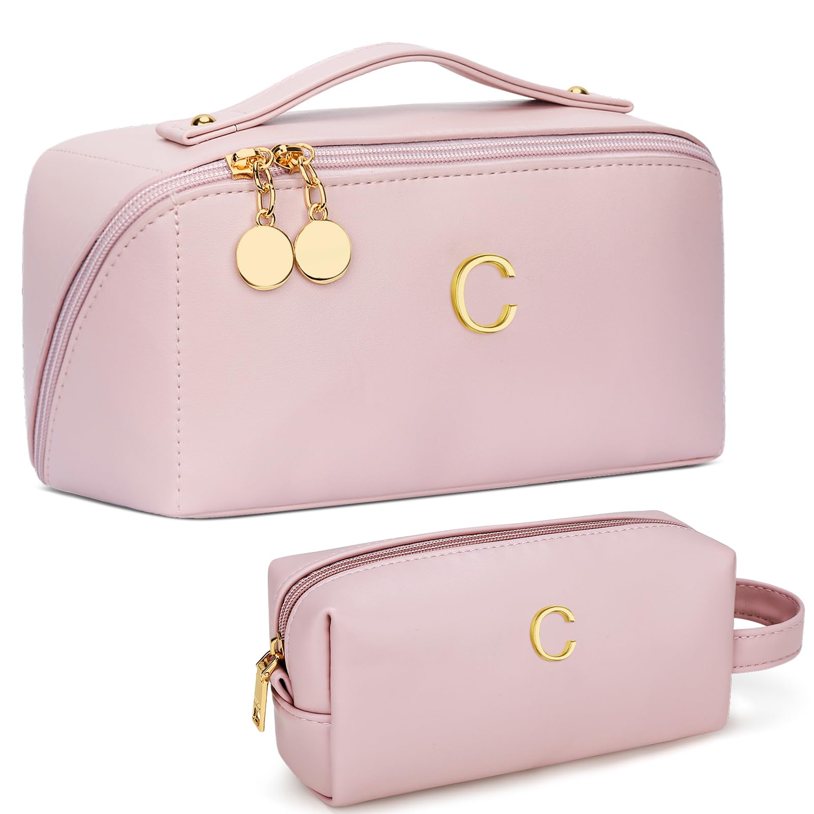 Photo 1 of KKXIU Initial Makeup Bag for Women - Personalized Makeup Bag Gifts for Women, Travel Toiletry Bag with PU Leather, Open Flat Design with Top Handle, Cosmetic Bag Set with Multi-Pocket (Pink,C)
