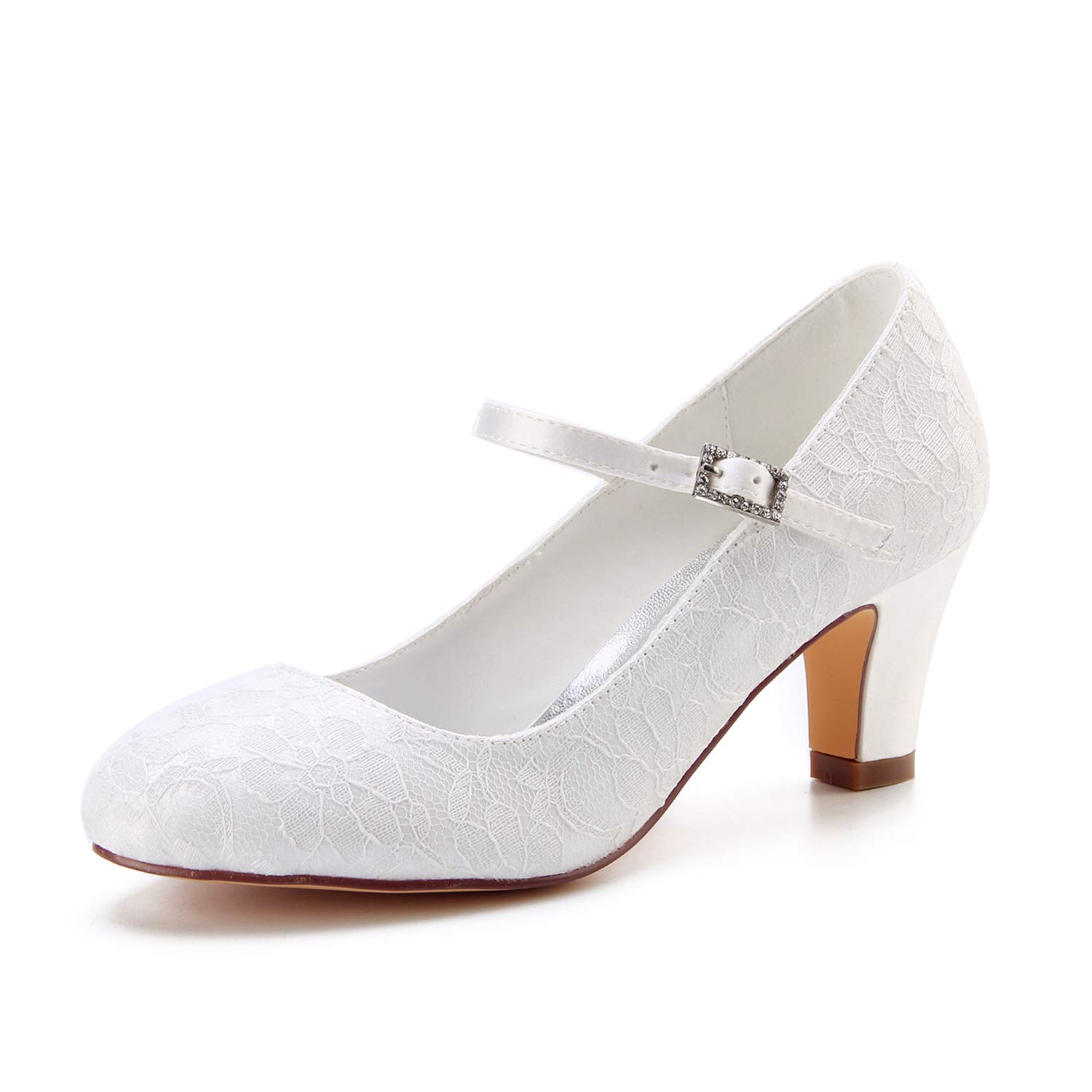 Emily Bridal Wedding Shoes Women's Lace Chunky Heel Closed Toe Pumps with Buckle