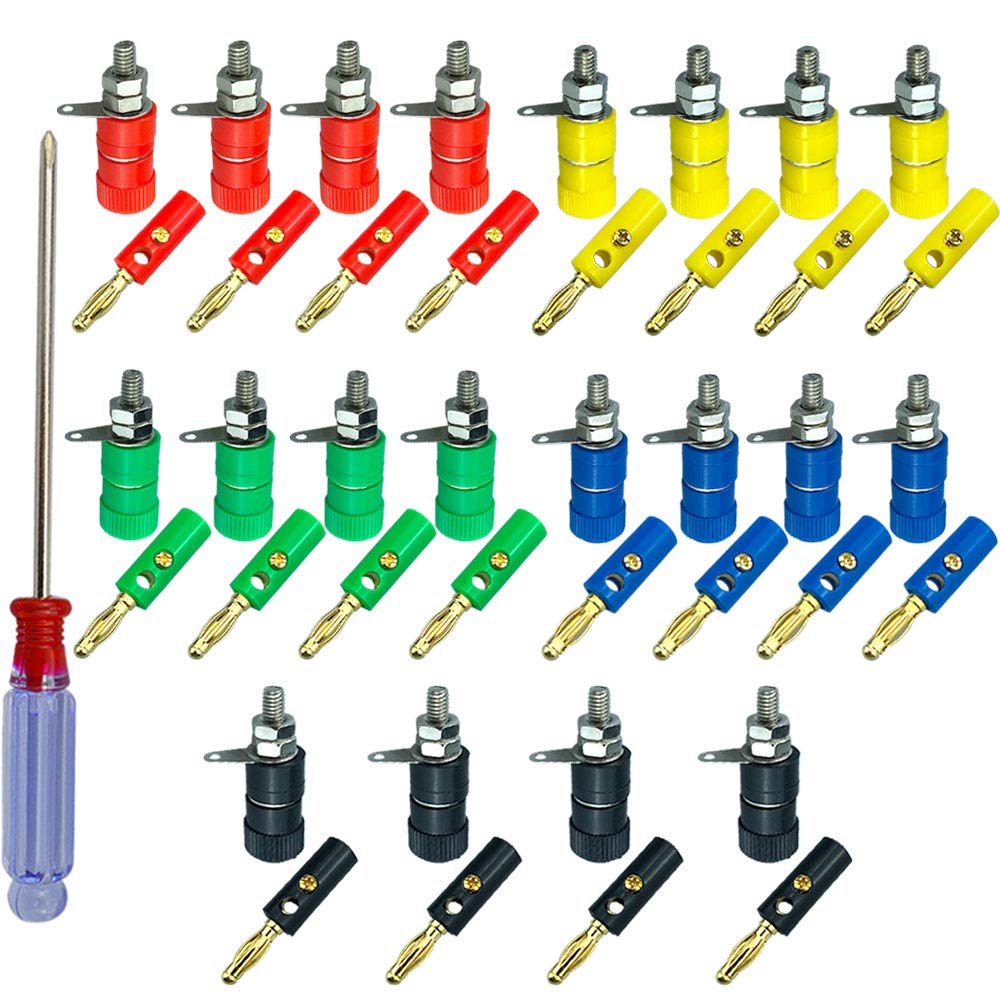 QitinDasen 40Pcs Premium 4mm Banana Plug Socket Connector Kit: 20Pcs Nickel Plating Banana Plug + 20Pcs Binding Post Terminal, for Speaker, Audio/Video Receiver, Amplifiers Systems (5 Colors)
