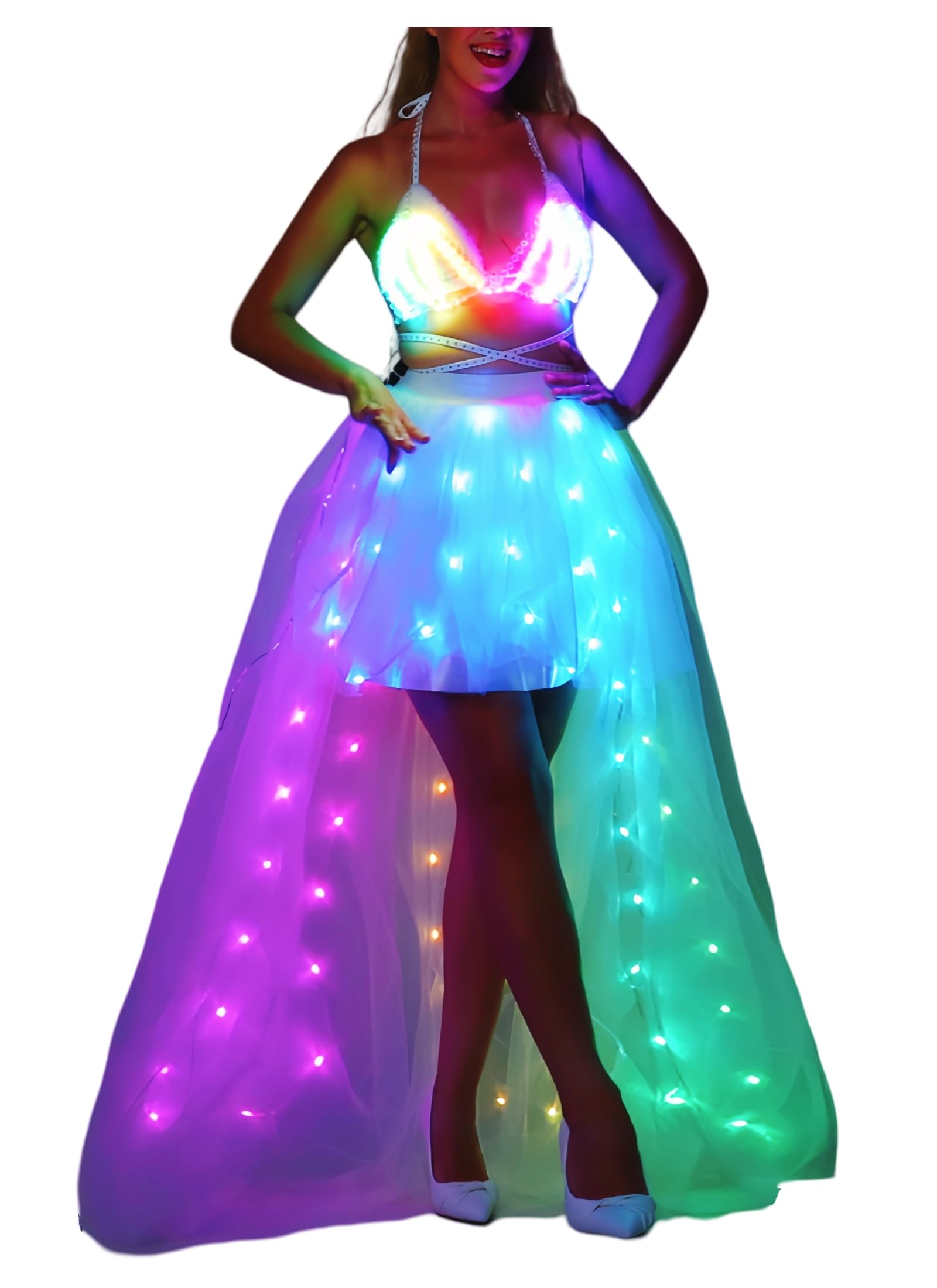 Photo 1 of QooGoo Women Tulle Tutu Skirts,LED Light Up Long High Low Ruffles Christmas Wedding Party Rave Outfit Weekend Skirts (XXL)