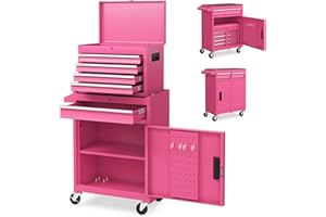 IRONMAX 5-Drawer Rolling Tool Chest, 2-in-1 Detachable Heavy Duty Tool Box Storage Cabinet with Auto Lock, Adjustable Shelf &