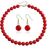 YNZGYBY Red Balls Beaded Choker Necklace Round Dangle Earrings for Women Fashion Faux Pearls Strand Costume Outfit Jewelry Set Chunky Acrylic Statement Necklaces