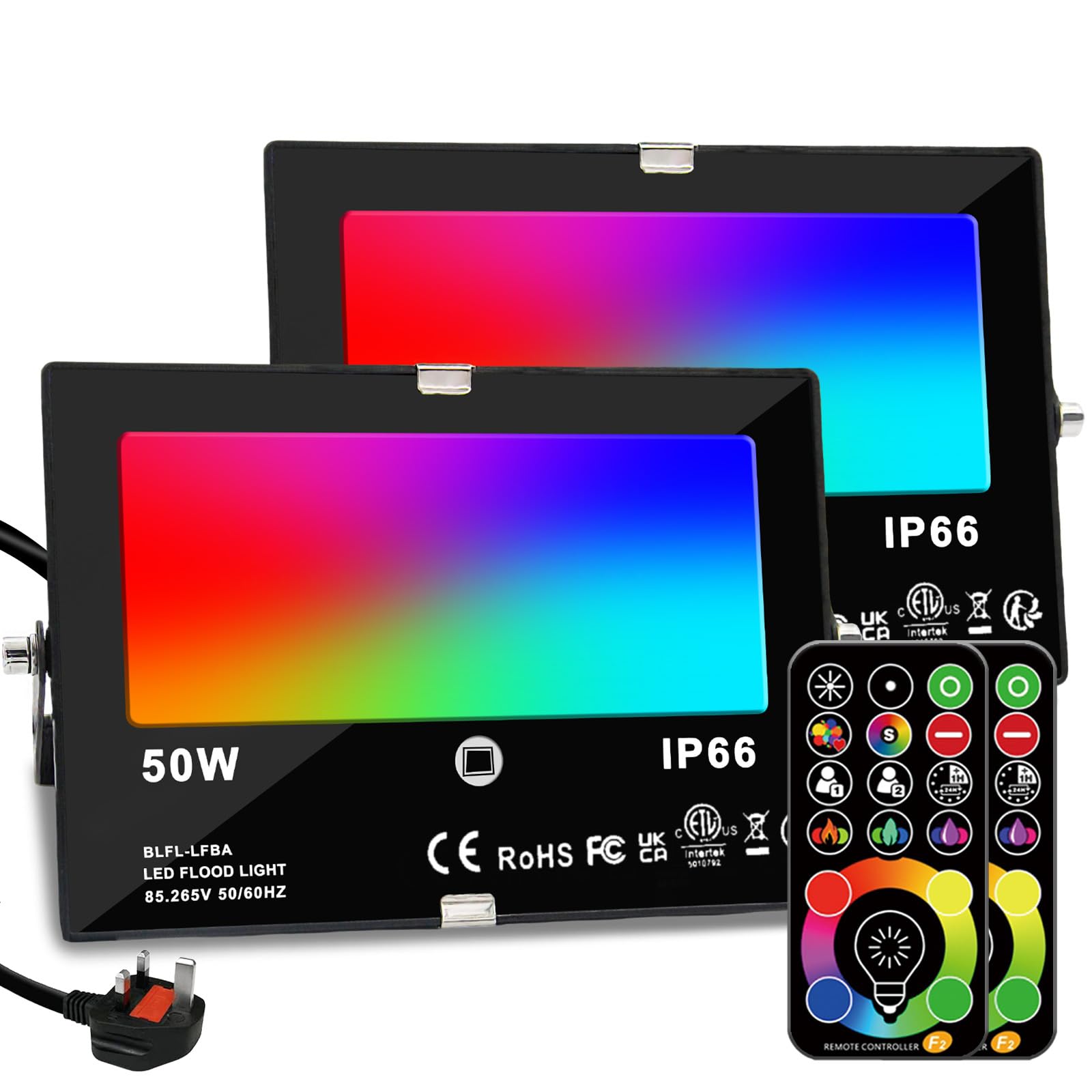 HEKEE LED Floodlight, 50W RGB Colour Changing,DIY Strobe Mode, 120 Colors, Timing, Outdoor Floodlights 5500 Lumens, RGB 2700K Warm White, IP66 Waterproof (2 Pack)