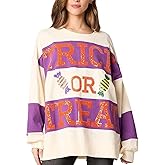 Pinclodly Halloween Sweatshirts for Women Sequin Color Block Crewneck Sweatshirts Long Sleeve Glitter Cute Sweatshirts
