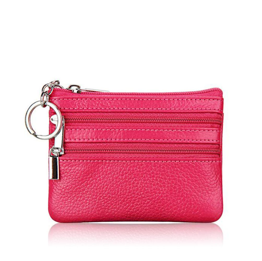 AprinCtempsD Ladies Genuine Leather Small Coin Purse with Zip Womens Mens Mini Wallet Pouch with Key Ring (Rose)