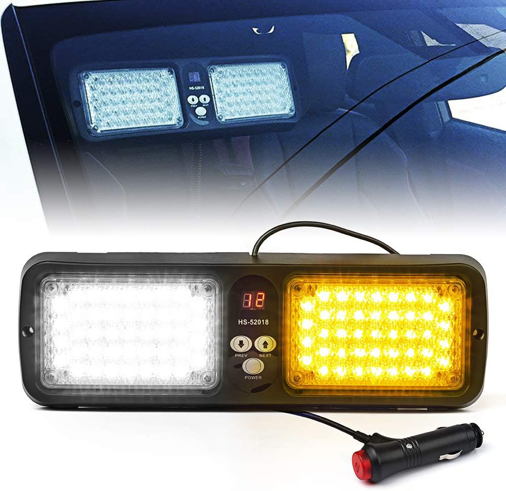 Xprite White Yellow Amber 86 LED SunShield Sun Visor Emergency Strobe Lights 12 Flash Modes Hazard Warning Light for Law Enforcement Vehicle