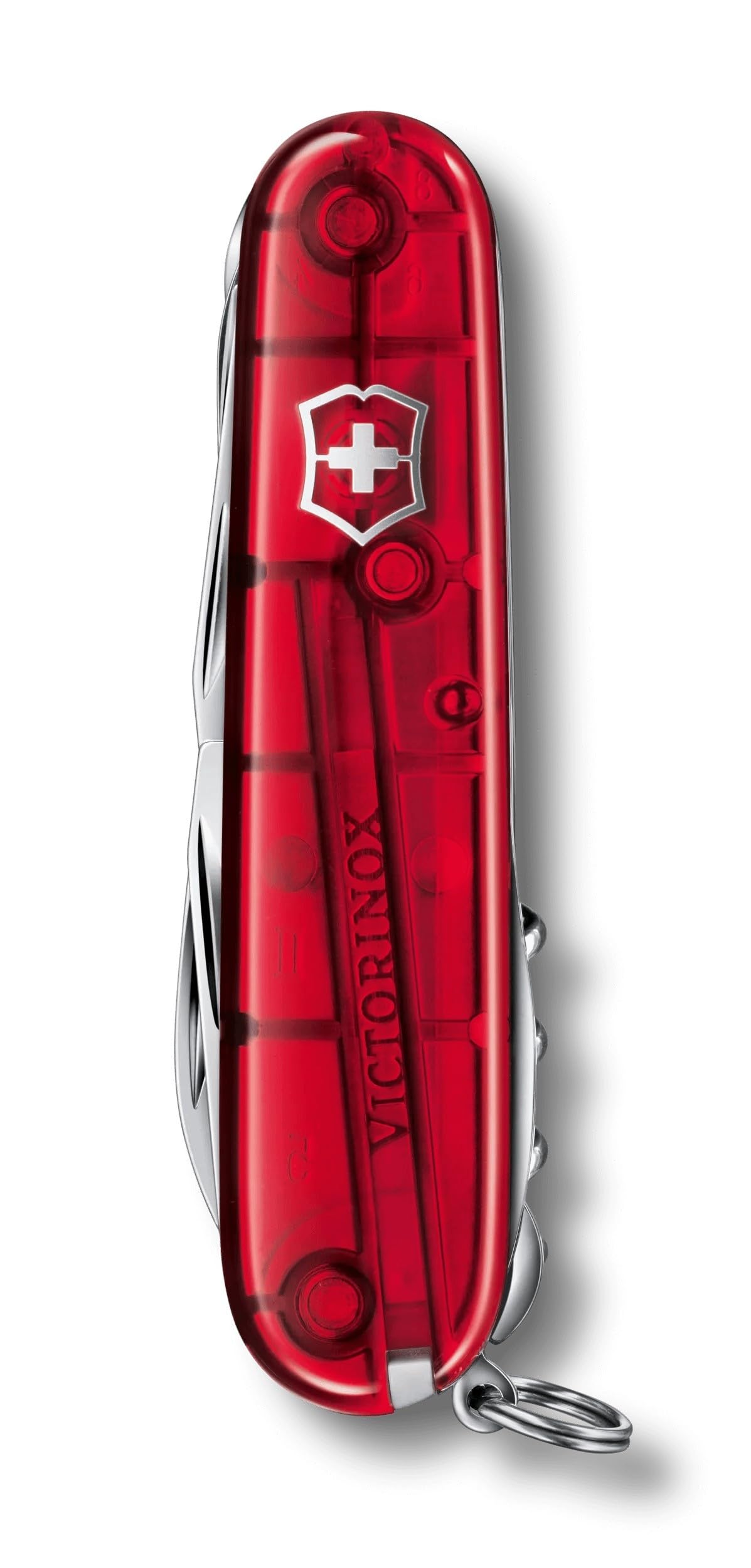 Victorinox Huntsman Swiss Army Knife, Medium, Multi Tool, Camping Knife, 15 Functions, Large Blade, Bottle Opener, Red Transparent