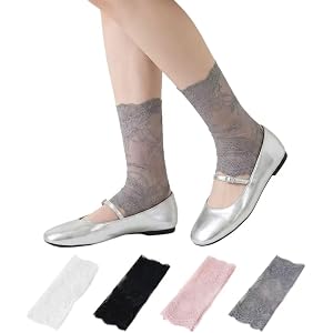 WJIAMPLS Lace Mesh Socks Women 4 Pairs Floral Stirrup Leg Warmers Breathable Sheer Ankle Socks Ruffle Trim
