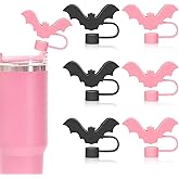 JarThenaAMCS 6Pcs Halloween Bat Silicone Straw Covers Pink Black Bat Portable Drinking Straw Tips Cover Reusable Straw Protector Topper for 0.4in Straws, Cup Accessories