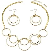 Tckyi Gold Circle Chain Link Choker Necklace and Earrings Set, Statement Jewelry with Double Hoop Dangle Earrings for Women