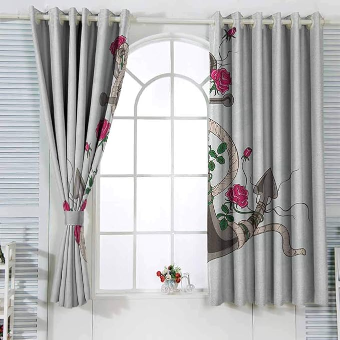 Cortina de poliéster con diseño de ancla, romántica, dibujada a mano