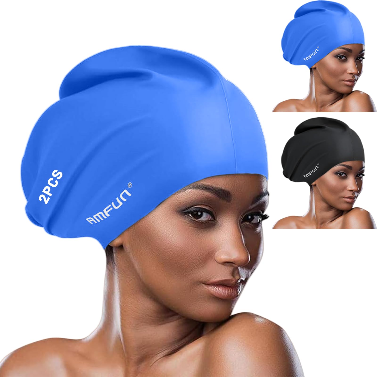 AMFUN Silicone Cover Ears Swimming Caps, 2 Pcs Adult Unisex Swim Hat for Long Hair, Elastic Anti-slip Swimming Hat, Hypoallergenic Waterproof Swimming Caps for Men and Women, Black+Blue