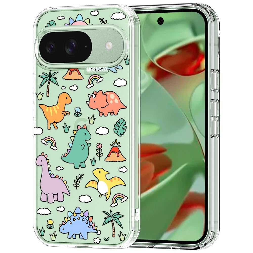 MOSNOVO Case for Google Pixel 9 & Pixel 9 Pro, [Buffertech 6.6ft Military-Grade Drop Protection] [Anti Peel Off Tech] Clear TPU Bumper Phone Case Cover Design - Dinosaur Land