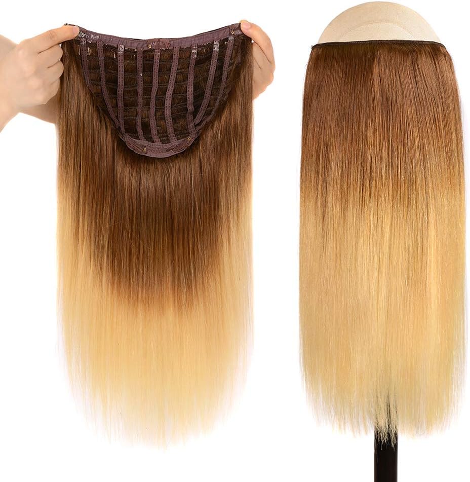 WINSKY 14" Half Wig Real Human Hair Extensions Clip in For Women - Silky Straight Ombre Brown to Blonde Clip on Extension One Piece U-part Short Hair Hairpiece (14inch #8T24, 100g)