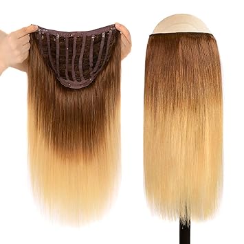 Amazon Com Winsky 14 Half Wig Real Human Hair Extensions Clip In For Women Silky Straight Ombre Brown To Blonde Clip On Extension One Piece U Part Short Hair Hairpiece 14inch 8t24