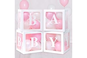RUBFAC Baby Boxes for Baby Shower Decoration with 8 Letters and 36 Balloons 4pcs Clear Balloon Boxes BABY Blocks for Girls Birthday Party Decorations(Pink)