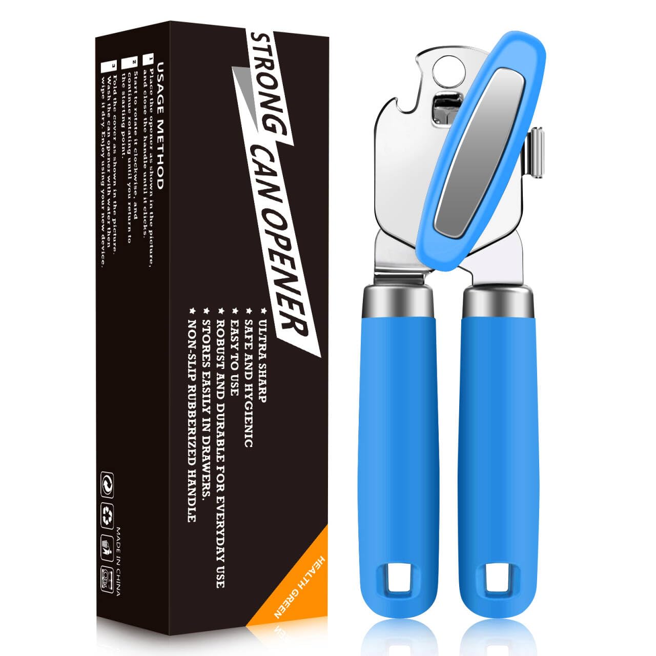 OGIMA Can Opener Manual, Stainless Steel Tin Openers, Effortlessly Open Cans with Heavy-Duty Manual Can Opener - Smooth Edges and Comfortable Grip for Arthritis and Weak Hands (Blue)