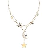 FANZE Charm Evil Eye Pendant Necklace for Women, Crystal Rhinestone Chunky Gold Paperclip Chain Adjustable, Engraved Round Coin Flower Starfish, Dainty Luck Amulet Jewelry Gift