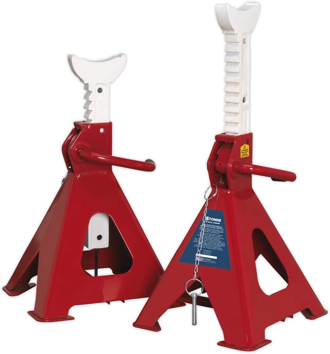Sealey Aas5000 Axle Stands (Pair) 5Tonne Capacity Per Stand Auto Rise Ratchet, White, 310mm x 444mm x 380mm