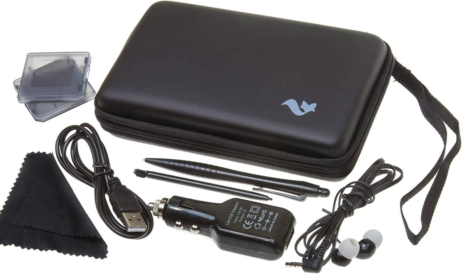 Carry Case for Nintendo 2DS XL/3DS XL + Large Stylus, Car Charger, Charging Cable and Ear Buds - Black