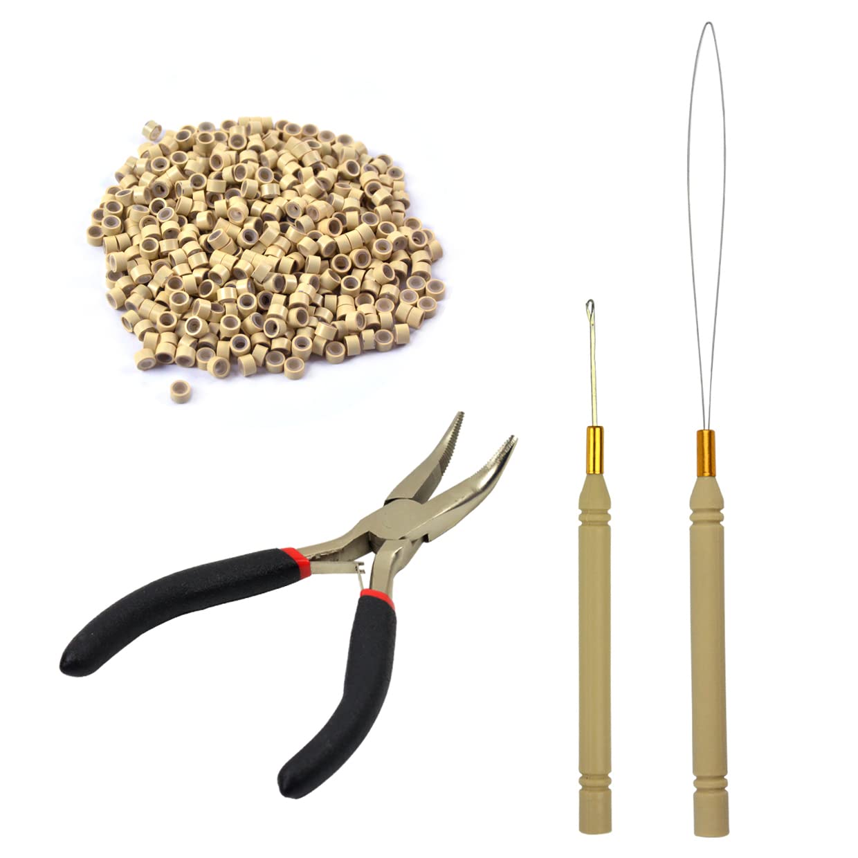 Hair Extensions Pliers Tool Kit Hair Pliers Pulling Hook Bead Device Loop Threader and 500pcs 5.0mm Silicone Lined Micro Rings (Blonde)