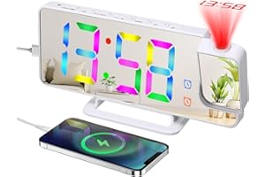 Jhua Projection Alarm Clock, Colorful Digital Alarm Clocks for Bedrooms Ceiling, 7.5" LED Mirror Projection Alarm Clock with USB Charger Port, 180° Rotable, Dual Alarms, Snooze, 6 Dimmer