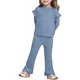 Yousify Girls 2 Piece Outfits Kids Casual Ribbed Knit Long Sleeve Shirts and Flare Pants Clothing Sets 5-14 Years