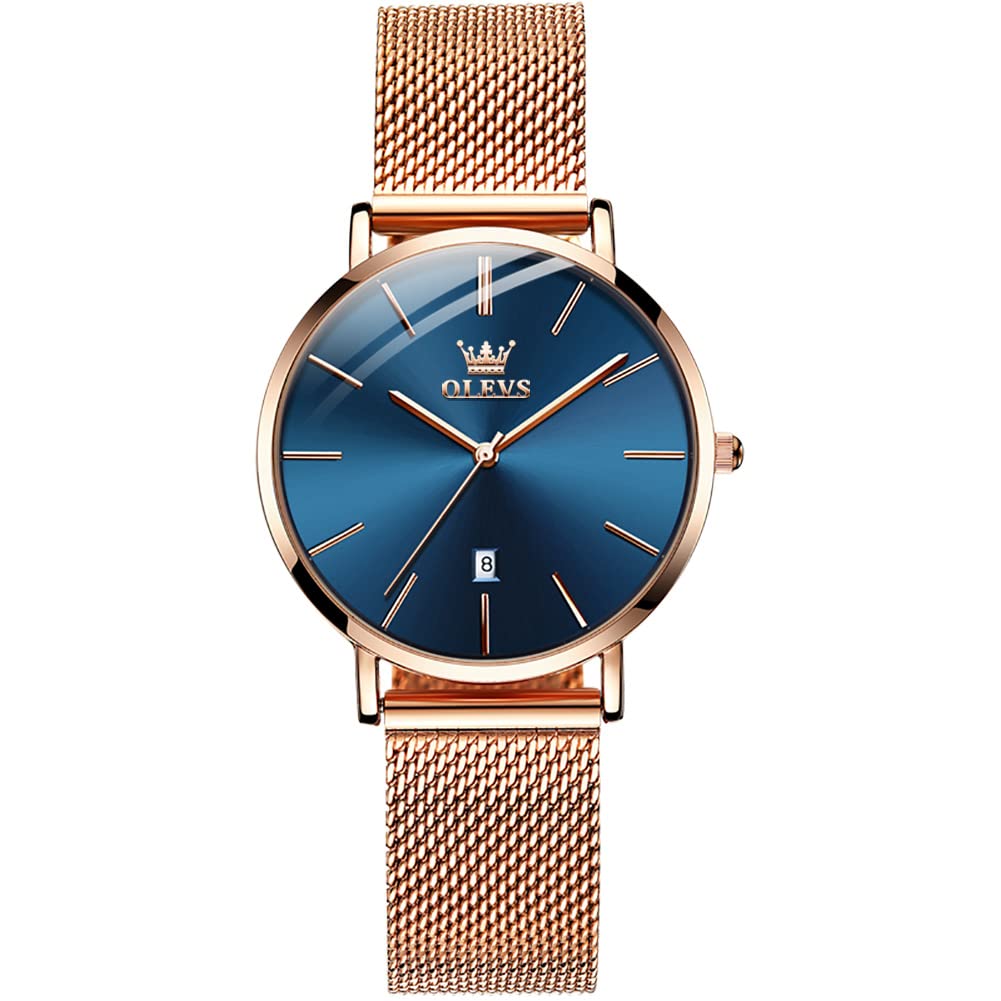 OLEVS Women Watch Rose Gold Stainless Steel Mesh Belt Watches for Women Minimalist Big Face Blue Ultra Thin Women's Wrist Watch Fashion Dress Waterproof Analog Quartz Ladies Watches