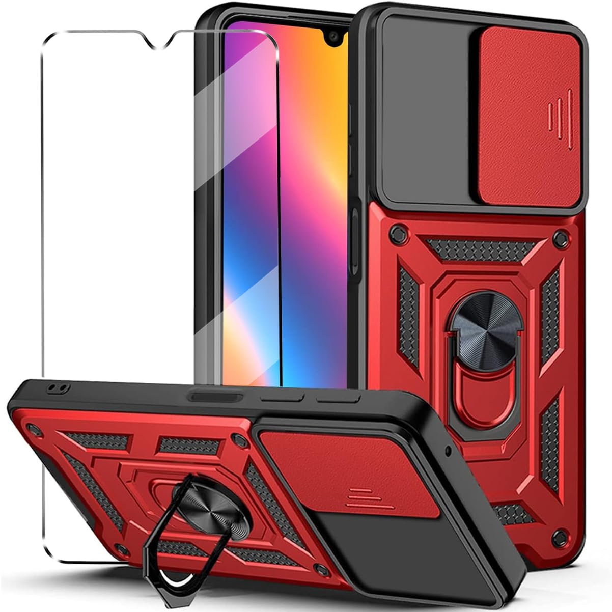 2-in-1 Case for Realme C63 Tempered Glass Case with Slide Camera Protection Cover Screen Protector Phone Case Heavy Duty Military Grade Protective Cover phone holder Case,Red