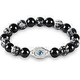 Men's Evil Eye Bracelet, 10mm Beaded Bracelet with Natural Gemstones, Adjustable Elastic Design, Gift for Anniversary, Christmas and Thanksgiving, Silver Obsidian/Tiger Eye/Hematite/Snowflake Obsidian/Black Agate