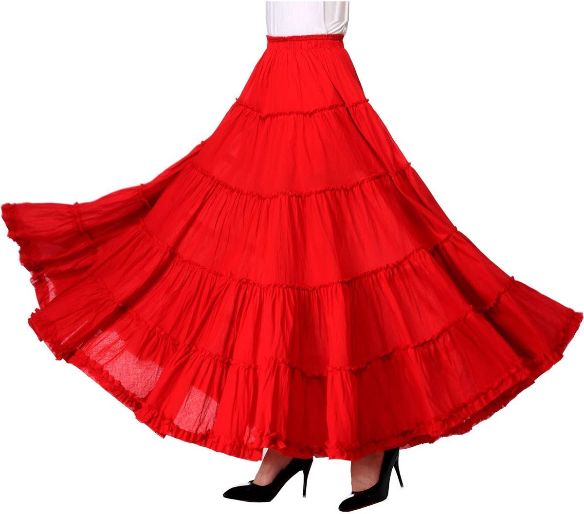 Vateno Gypsy Pleated Skirt for Women Long Boho Maxi Skirts Spain Belly Dance Skirts White Black Red