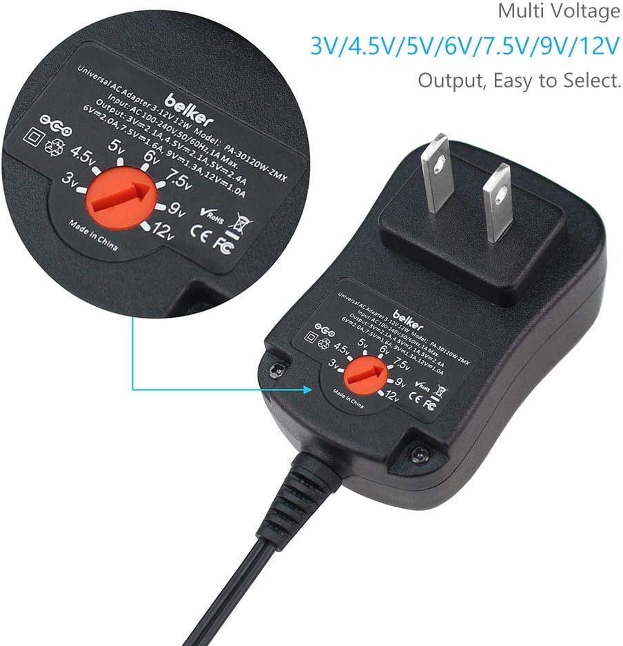 Belker 12W Multi Voltage 3V 4.5V 5V 6V 7.5V 9V 12V Universal AC DC Power Adapter for Household Electronics - Max Amp 1000mA [BE]: Home Audio & Theater