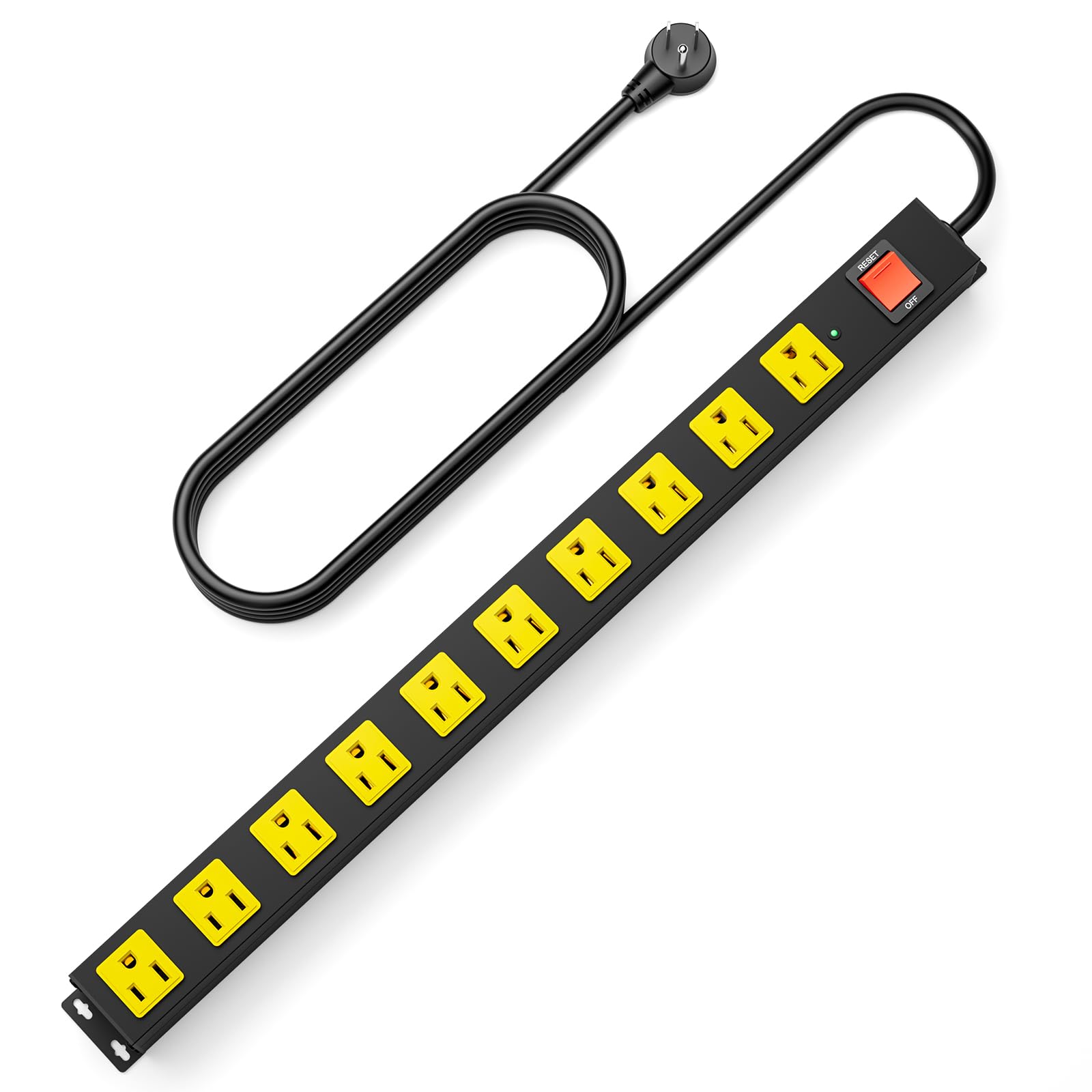 Photo 1 of 10 Outlet Metal Power Strip with 2100J Surge Protector, Heavy Duty 10FT Extension Cord, Wide Spaced Outlets and Wall Mount for Garage, Workshop, Industrial, Home (10ft)