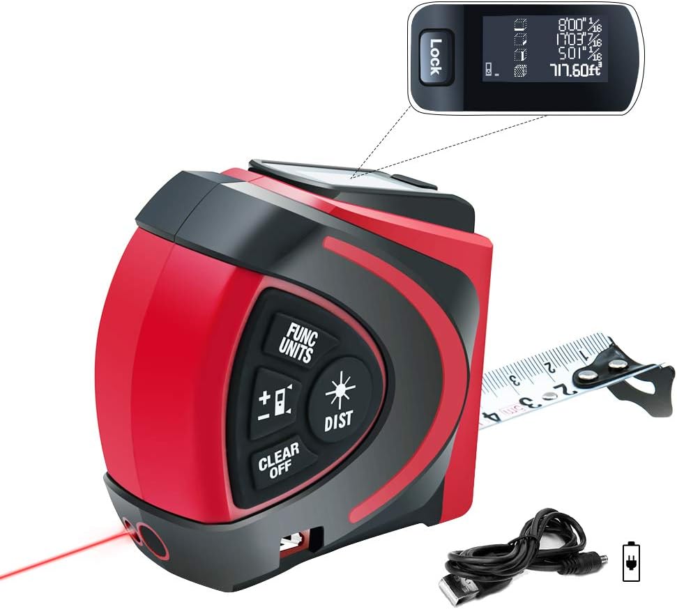 Kuelor 2 in 1 Laser Tape Measure, 98Ft Laser Measure/16Ft Tape Measure, USB Charging Backlit LED Laser Distance Meter with Distance, Area, Volume, Pythagorean and Continuous Mode