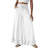 Wkishenl Womens Wide Leg Pants Drawstring Elastic High Waisted Ruffle Hem Palazzo Pant Flowy Comfy Casual Baggy Trousers 2026