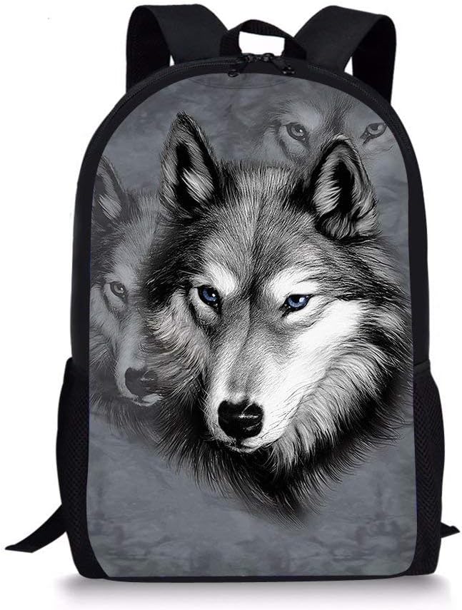 Grey Wolf School Bags for Boys Girls Student Bookbags Teens Kids Backpack With Water Bottle Holder