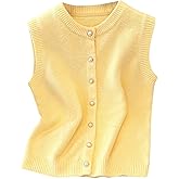 SHENHE Women's Crew Neck Sweater Vest Pearl Button Up Sleeveless Soft Knit Cardigan Vest