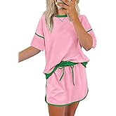 Rapbin Women's 2 Piece Sets Summer Casual Short Sleeve Tops Matching Drawstring Mini Skirt Going Out Lounge Outfits