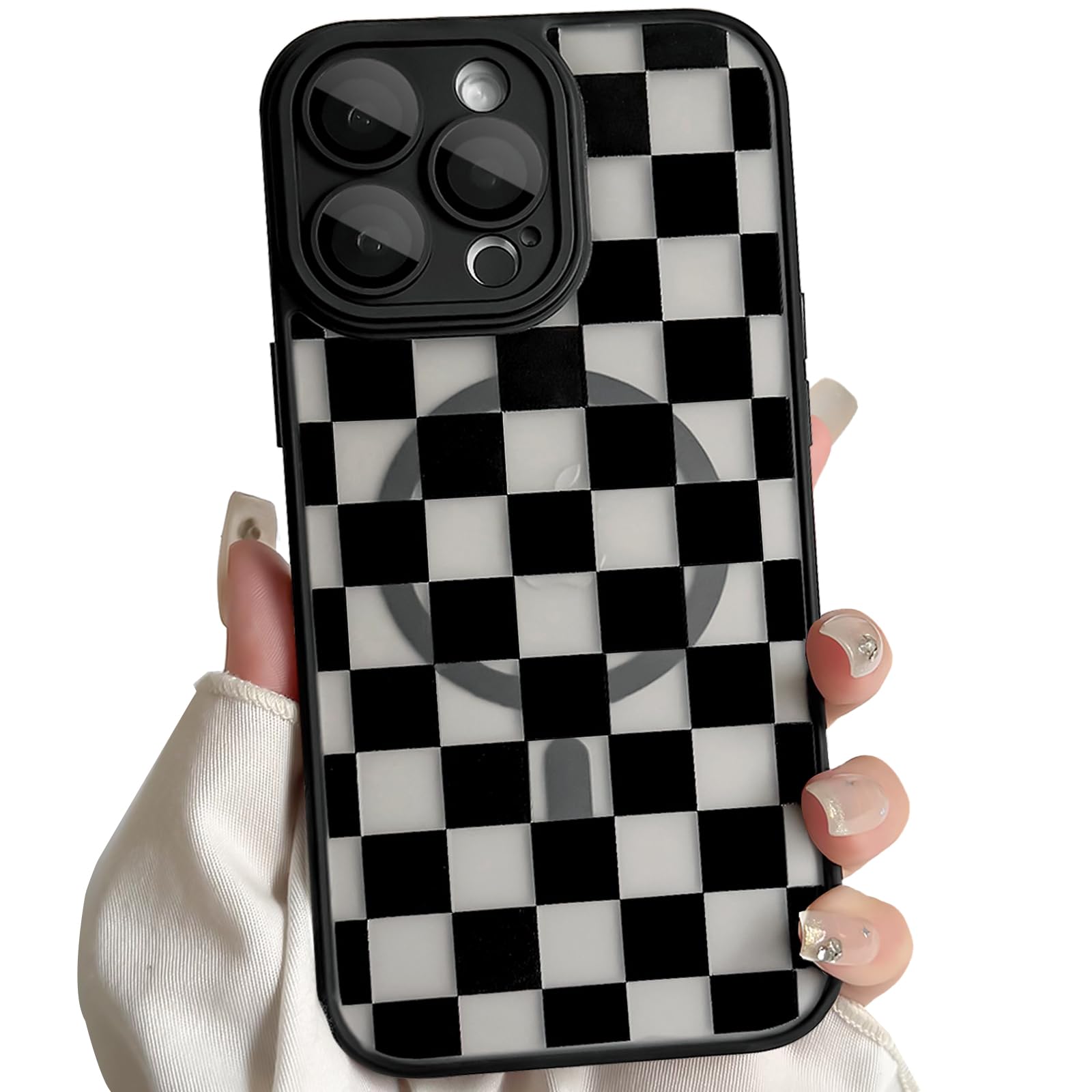 Photo 1 of Lovmooful Magnetic Compatible for iPhone 15 Pro Max Case Compatible for MagSafe Cute Clear Checkerboard Lattice Plaid Design for Girls Women Soft TPU+PC Shockproof Protective Girly-Black