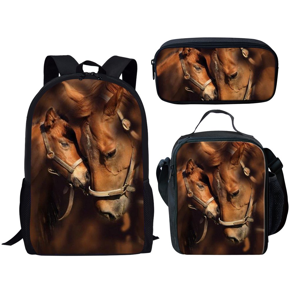 Middle School Student Backpack SetFor Boys Fashion Durable Large School Bag Horse Print