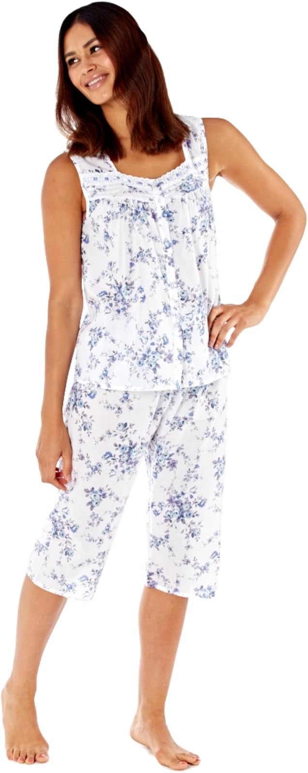 Inspirations Women's Floral Sweetheart Neck Sleeveless 3/4 Length 100% Cotton Pyjamas Set. (UK 10/12 -EU 38/40, Purple Floral)